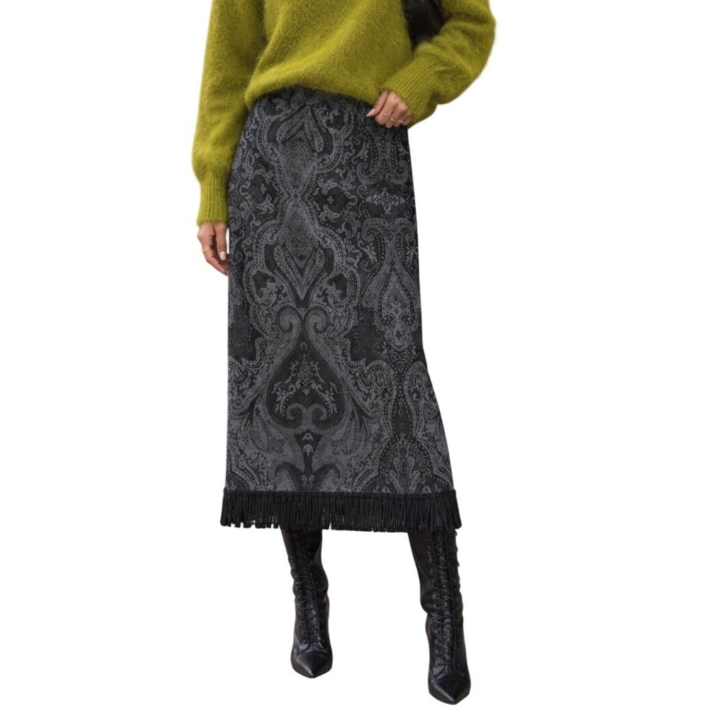 Romanian Vintage Y2K Dark Paisley Tapestry Fringe Knit Midi Skirt Western Goth